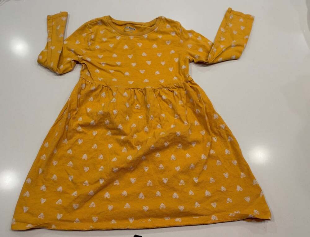 Old Navy Long Sleeve Dress Size 5T Yellow White Heart Print